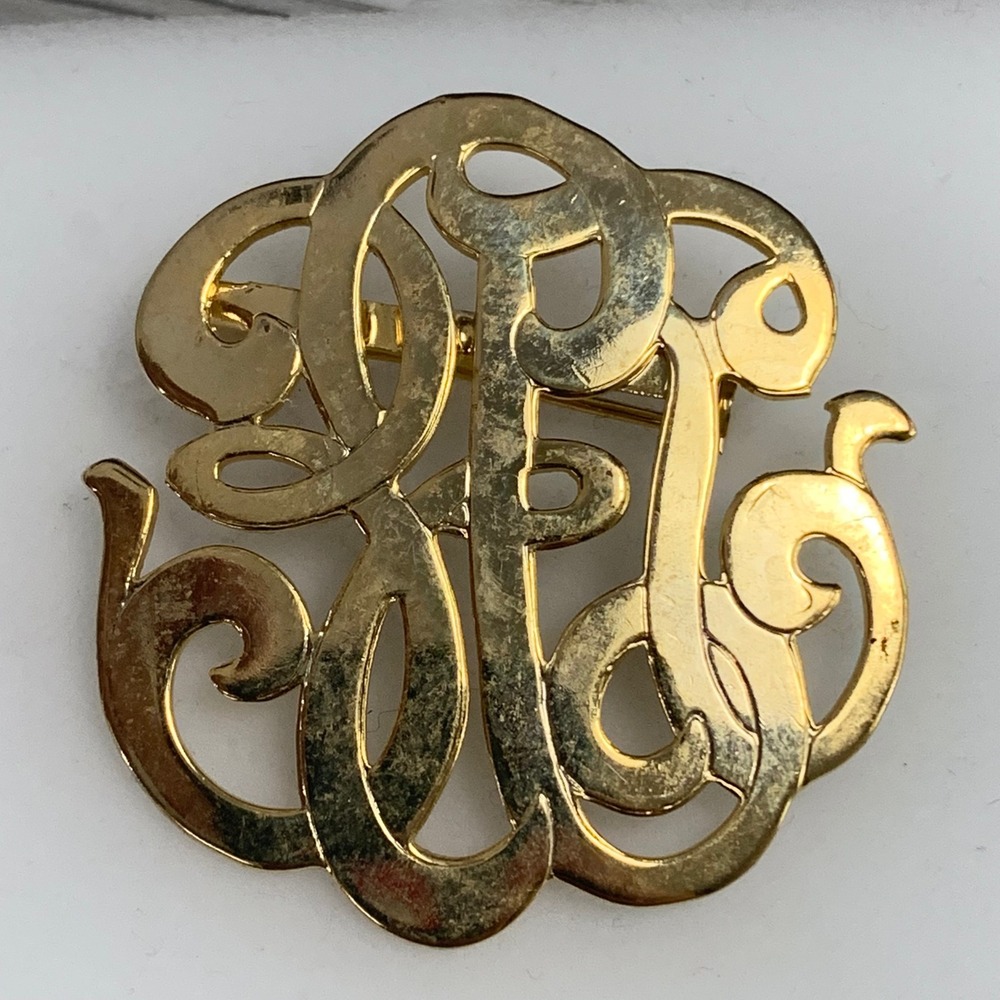 Vintage Gold Tone Monogram Brooch Script Initial Pin Large Round Statement 1.5in